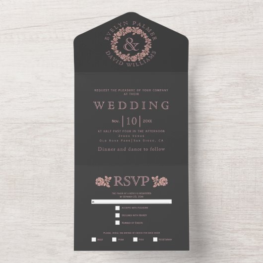 roos gouden rozen met koolgrijze bruiloft all in one uitnodiging (Binnen)