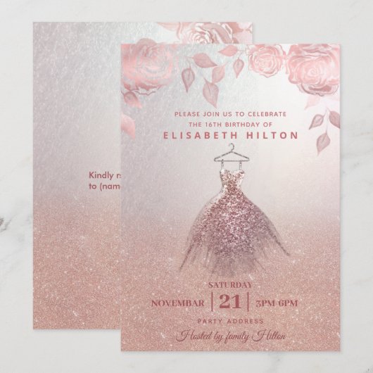 Roos gouden rozen modern Glitter jurk lief zestien Kaart (Voorkant / Achterkant)