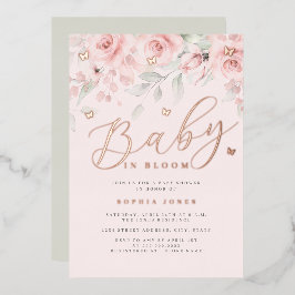 Roos gouden salie bloemige vlinder Baby in bloei Folie Uitnodiging