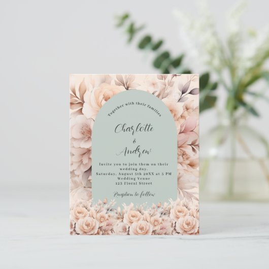 Roos gouden salie groene boog huwelijksuitnodiging (Staand voorkant)