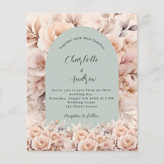 Roos gouden salie groene boog huwelijksuitnodiging (Voorkant)