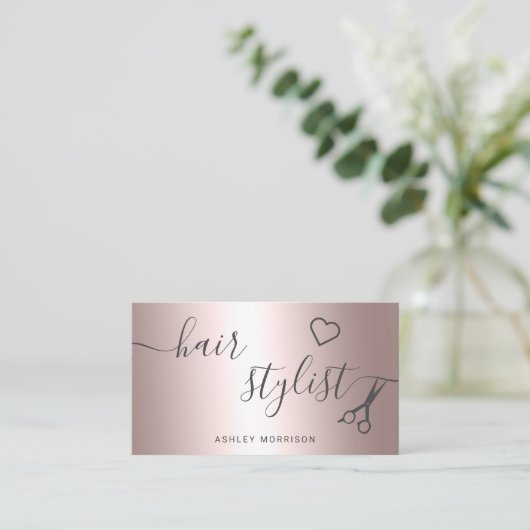 Roos gouden schaar met moderne haarstylle visitekaartje (Staand voorkant)