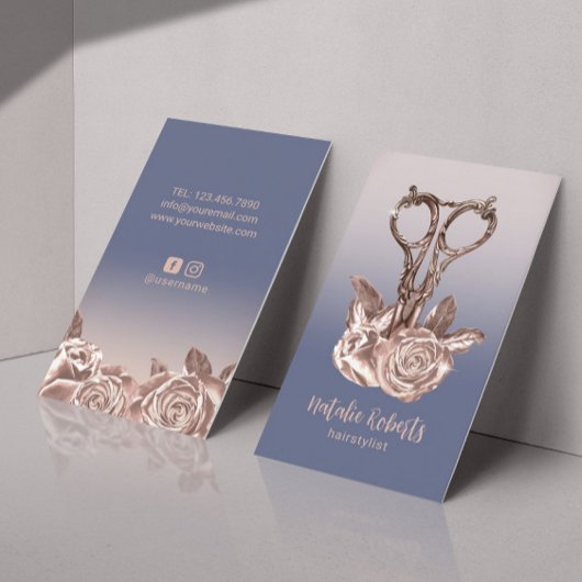 Roos gouden schaar Paarse haar stylist salon Visitekaartje