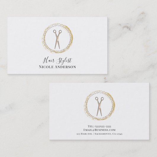 Roos gouden schaar Sparkle Circle Hair Stylist Visitekaartje (Voorkant / Achterkant)