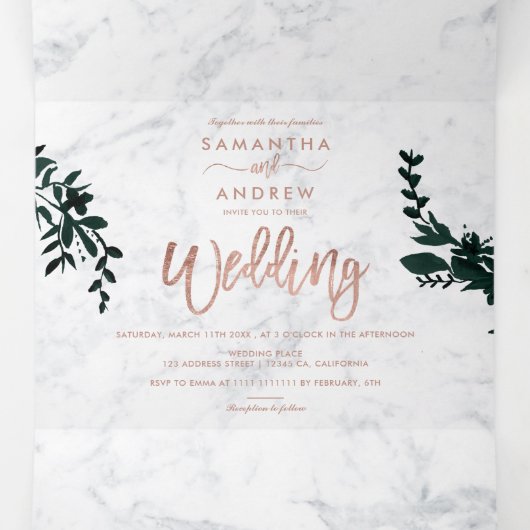 Roos gouden script Bloemen wit marmeren bruiloft Drieluik Uitnodiging (Binnenkant midden)