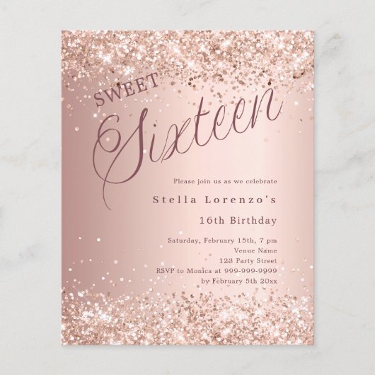 Roos gouden script budget Sweet 16 uitnodiging (Voorkant)