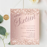 Roos gouden script budget Sweet 16 uitnodiging<br><div class="desc">Een moderne Sweet 16 uitnodiging. Roos gouden gradiënt achtergrond en het woord Zestien geschreven met grote letters. Versierd met faux glitter,  glinstert. Personaliseer en voeg een naam en feestdetails toe. 1 vel = 1 uitnodiging afgedrukt rand tot rand.</div>