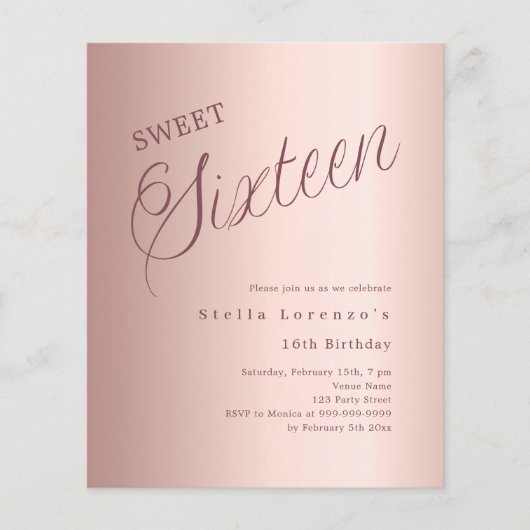 Roos gouden script budget Sweet 16 uitnodiging (Voorkant)