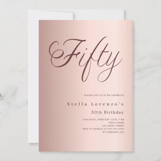Roos gouden script elegant 50e verjaardag kaart (Voorkant)