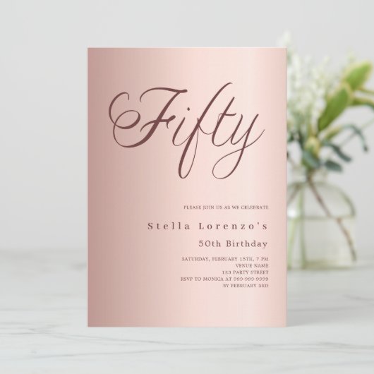 Roos gouden script elegant 50e verjaardag kaart (Staand voorkant)