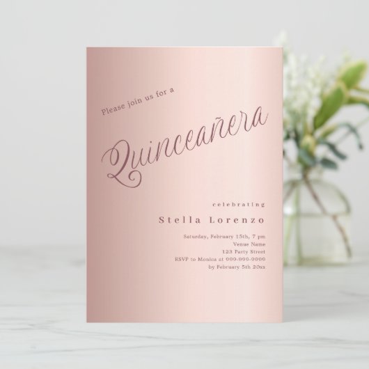 Roos gouden script elegant Quinceanera Kaart (Staand voorkant)
