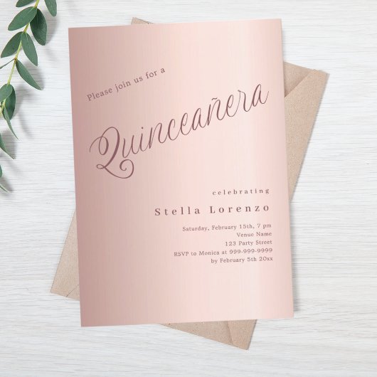 Roos gouden script elegant Quinceanera Kaart