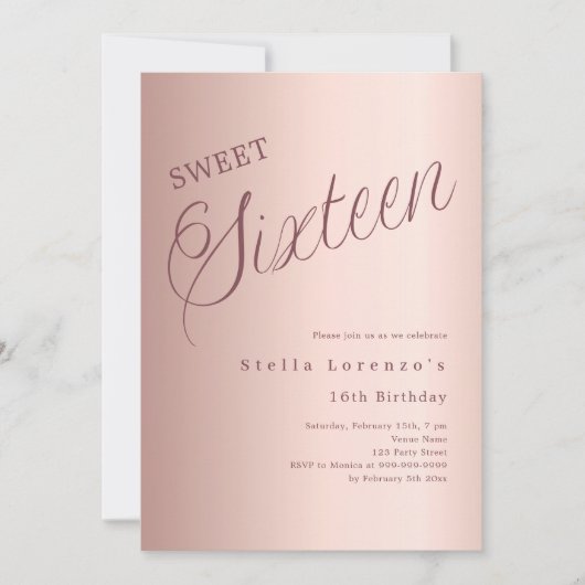Roos gouden script elegant Sweet 16 Kaart (Voorkant)