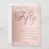 Roos gouden script elegante confetti 50ste verjaar kaart (Voorkant)