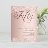 Roos gouden script elegante confetti 50ste verjaar kaart (Staand voorkant)