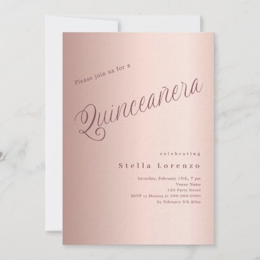 Roos gouden script elegante Quinceanera luxe Kaart (Voorkant)