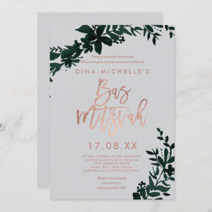 Roos gouden script Floral green Grey bas mitzvah Kaart