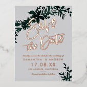 Roos gouden script Floral green Grey save the date Folie Uitnodiging Briefkaart (Voorkant)