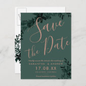 Roos gouden script Floral green save the date Aankondigingskaart (Voorkant / Achterkant)