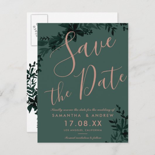 Roos gouden script Floral green save the date Aankondigingskaart (Voorkant / Achterkant)