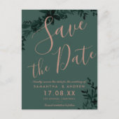 Roos gouden script Floral green save the date Aankondigingskaart (Voorkant)