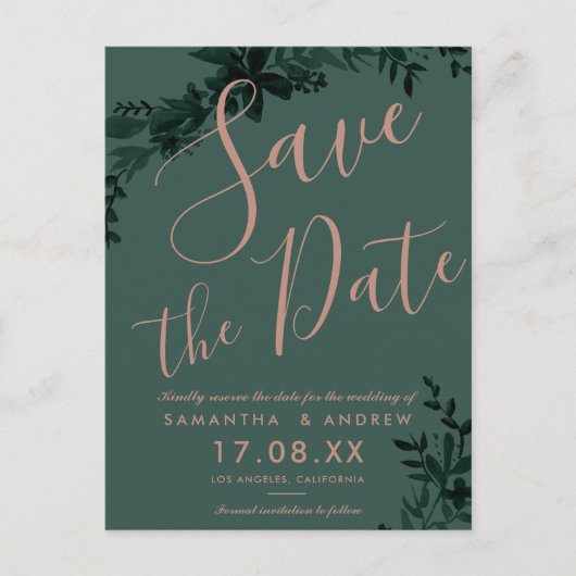 Roos gouden script Floral green save the date Aankondigingskaart (Voorkant)