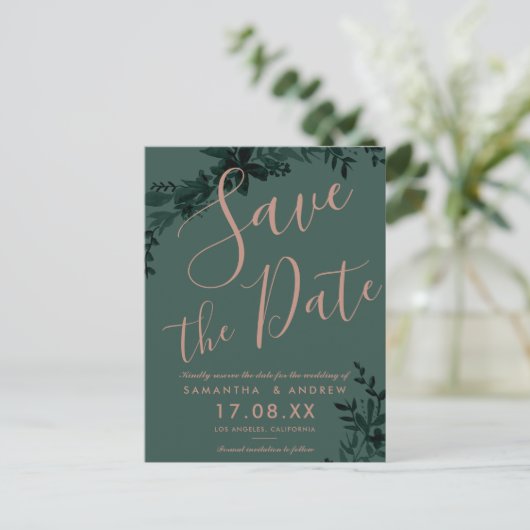 Roos gouden script Floral green save the date Aankondigingskaart (Staand voorkant)