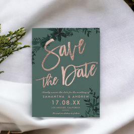 Roos gouden script Floral green save the date Aankondigingskaart
