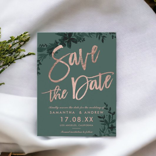 Roos gouden script Floral green save the date Aankondigingskaart