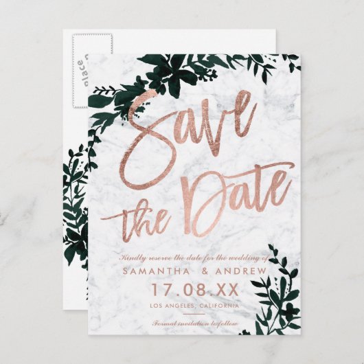 Roos gouden script Floral groen marmer save the da Aankondigingskaart (Voorkant / Achterkant)