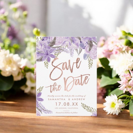 Roos gouden script Floral lavendel save the date Aankondigingskaart
