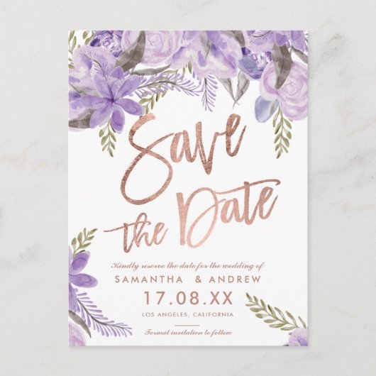 Roos gouden script Floral lavendel save the date Aankondigingskaart (Voorkant)