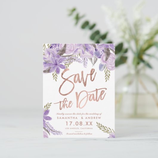 Roos gouden script Floral lavendel save the date Aankondigingskaart (Staand voorkant)