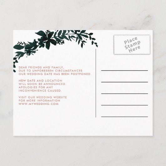 Roos gouden script Floral uitgesteld wijzigen van  Aankondigingskaart (Achterkant)