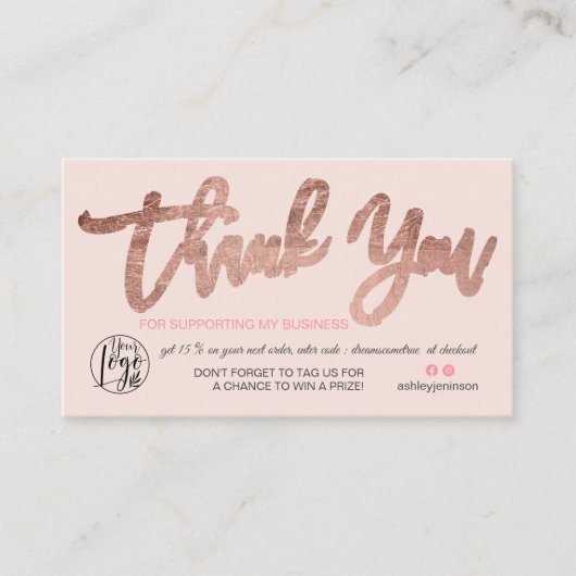 Roos gouden script foto logo roze orde dank u visitekaartje (Voorkant)