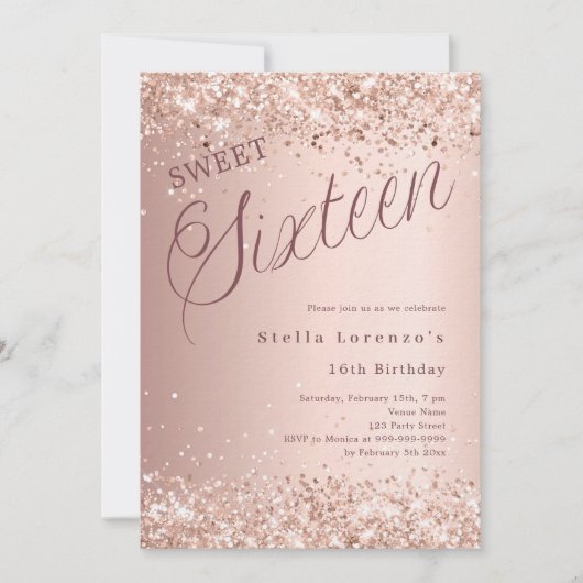 Roos gouden script glitter Sweet 16 luxe Kaart (Voorkant)