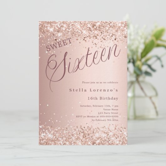 Roos gouden script glitter Sweet 16 luxe Kaart (Staand voorkant)