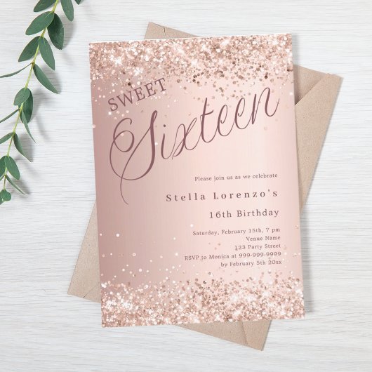 Roos gouden script glitter Sweet 16 luxe Kaart