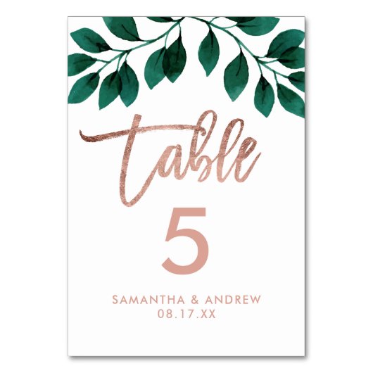 Roos gouden script groen bladwitte tabelnummer kaart (Achterkant)