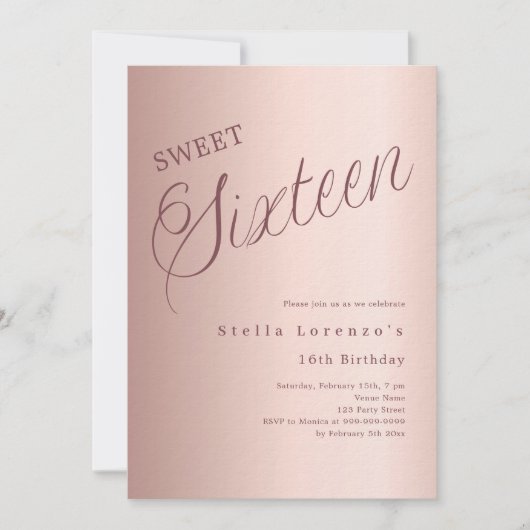 Roos gouden script luxe Sweet 16 Kaart (Voorkant)