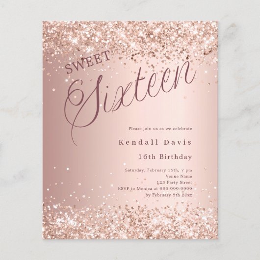 Roos gouden script modern budget Sweet 16 uitnodig (Voorkant)