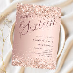Roos gouden script modern budget Sweet 16 uitnodig<br><div class="desc">Een moderne Sweet 16 uitnodiging. Roos gouden gradiënt achtergrond en het woord Zestien geschreven met grote letters. Versierd met faux sparkles,  confetti. Personaliseer en voeg een naam en feestdetails toe. 1 vel = 1 uitnodiging afgedrukt rand tot rand.</div>