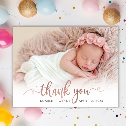Roos gouden script pasgeboren Baby foto dank u Bedankkaart