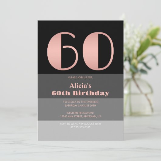 Roos Gouden Script Zwart Grijs Strepen 60e Verjaar Kaart (Staand voorkant)