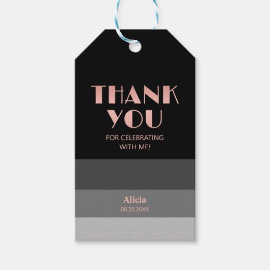 Roos Gouden Script Zwart Grijs Strepen Dank u Cadeaulabel (Voorkant)