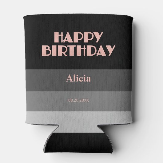 Roos Gouden Script Zwart Grijs Stripes Verjaardag Blikjeskoeler (Achterkant)
