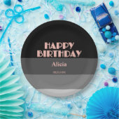 Roos Gouden Script Zwart Grijs Stripes Verjaardag Papieren Bordje (Feest)