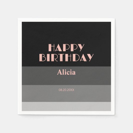 Roos Gouden Script Zwart Grijs Stripes Verjaardag Servet (Voorkant)
