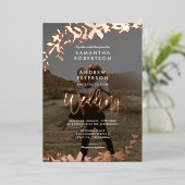 Roos gouden scriptpografie Floral foto bruiloft Folie Uitnodiging (Staand Voorkant)