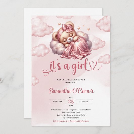 Roos gouden slaap teddybeer Het is een meisje Baby Kaart (Voorkant / Achterkant)